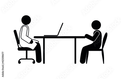 patient at the doctor's appointment, stickman sits at the table, stick figure human silhouette, doctor pictogram