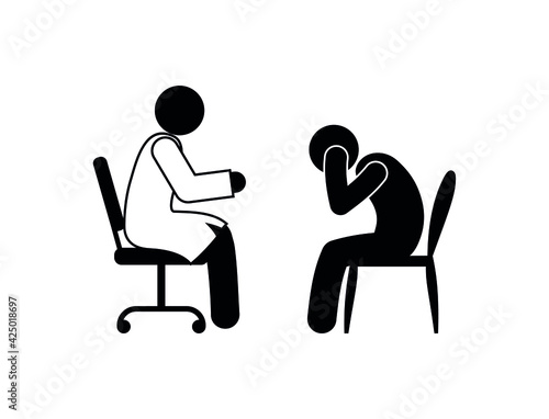 patient at the doctor's appointment, sore head, medical care icon, isolated figures doctor treats people, medic stickman