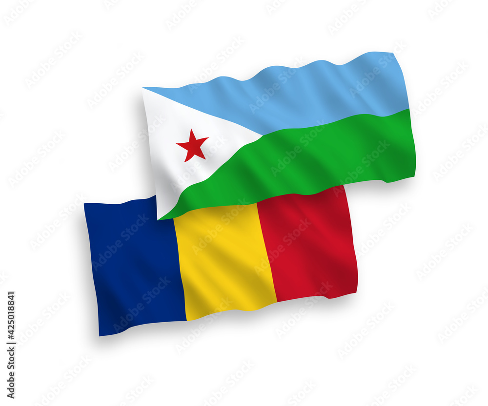 Flags of Romania and Republic of Djibouti on a white background