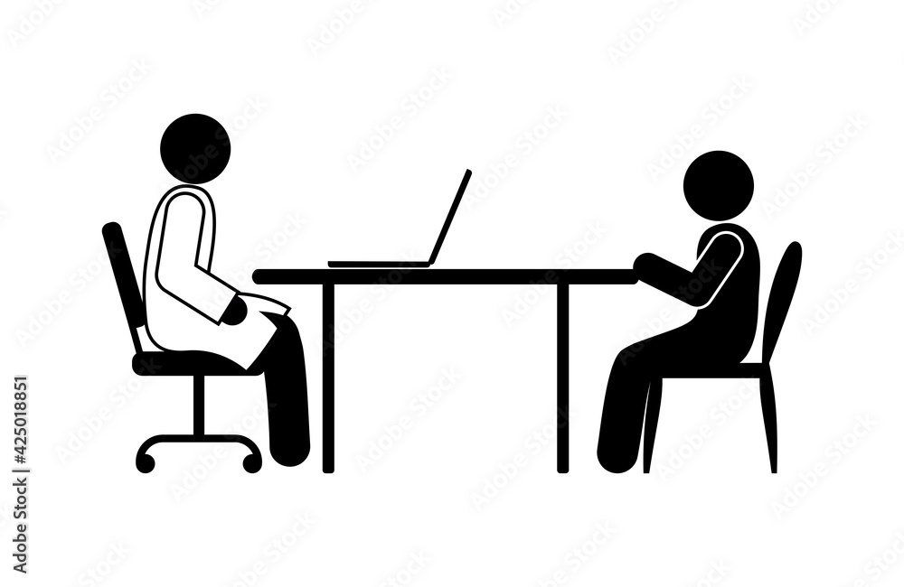 patient at the doctor's appointment, stickman sits at the table, stick figure human silhouette, doctor pictogram patient at the doctor's appointment, stickman sits at the table, stick figure human silhouette, doctor pictogram