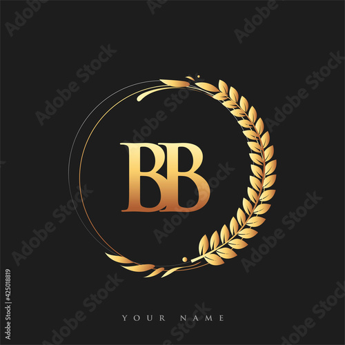 Initial logo letter BB with golden color with laurel and wreath, vector logo for business and company identity.