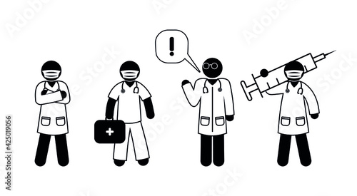 Doctors icons set, vaccination health protection, ambulance, stick figure people pictogram