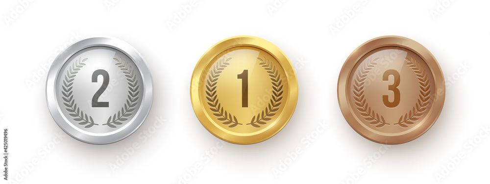 Gold, silver, bronze medal set. Champion trophy awards with numbers and laurel vector illustration. Prize in sport for winning first, second, third place in competition on white background Gold, silver, bronze medal set. Champion trophy awards with numbers and laurel vector illustration. Prize in sport for winning first, second, third place in competition on white background