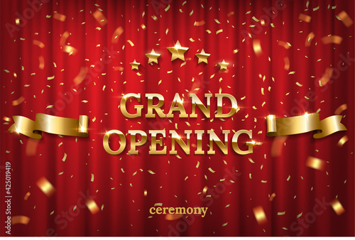 Grand opening on stage in spotlight with red curtain background. Ceremony starting, celebration event, announcement vector illustration. Theatre scene with golden text, stars, ribbon