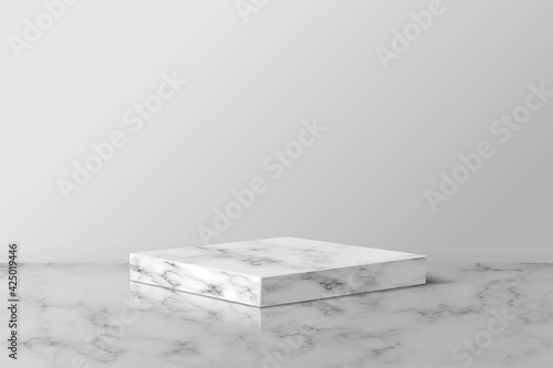 Gray marble square podium for product. 3d pedestal in stone pattern vector illustration. Geometric stage on floor in room. Abstract realistic place for advertising or decoration