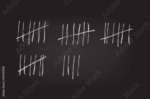 Count tally on brick wall in prison. Jail white marks scratched and crossed out vector illustration. Counting days, weeks and waiting. Time counter on black stone background