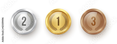 Gold, silver, bronze medal set. Champion trophy awards with numbers and laurel vector illustration. Prize in sport for winning first, second, third place in competition on white background