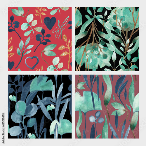 Watercolor patterns of leaves and plants dedicated to wedding and spring.