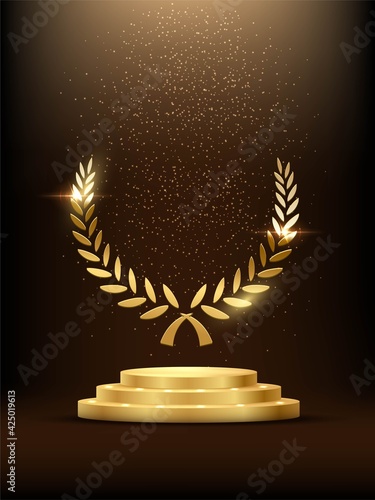 Golden podium with laurel glowing. Gold stage with glitter and light fog on dark background. Hollywood fame in film and cinema or championship in sport vector illustration