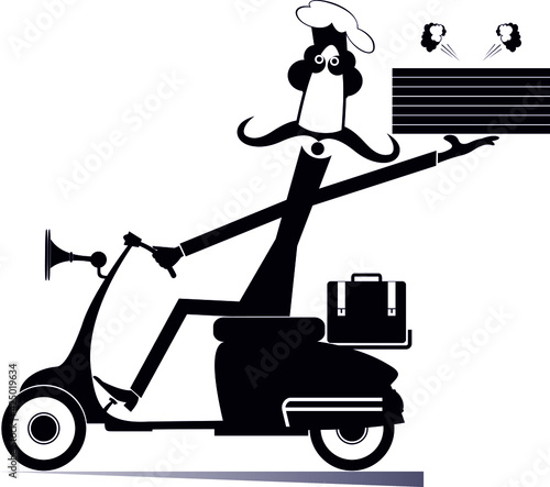 Delivery man with boxes of food drives a scooter illustration.
Long mustache comic cook holds boxes with a tasty smelling food and drives a scooter black on white 
