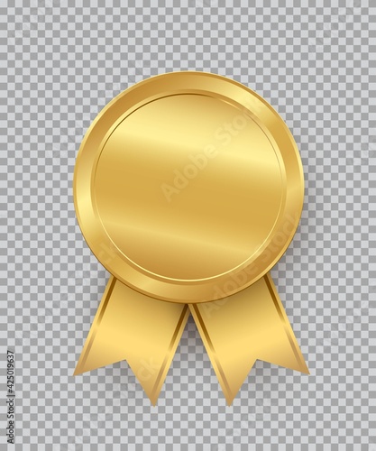 Golden stamp with ribbons isolated on transparent background. Luxury seal. Vector design element.