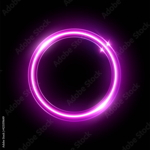 Pink neon round frame isolated on black background. Vector shiny violet electric border