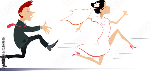 Married wedding couple. Bride runs away from the bridegroom illustration.
Upset bridegroom trying to catch up a runaway bride isolated on white
