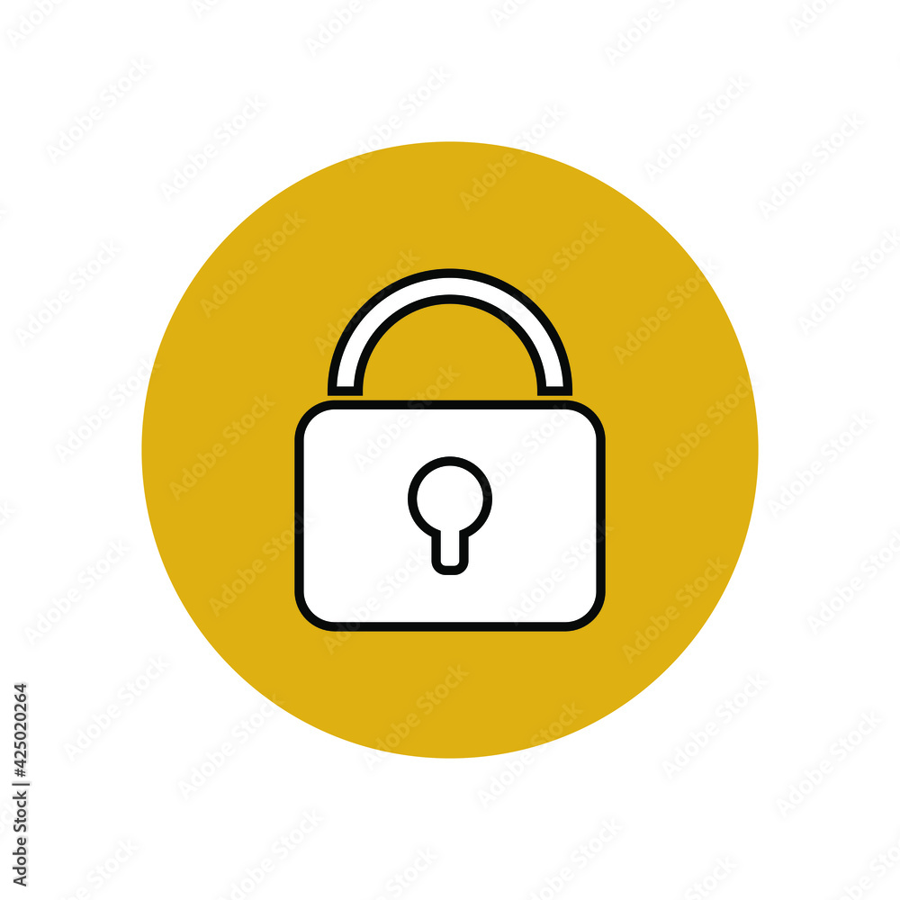 Lock icon. White silhouette symbol with black outline in a yellow circle. System security. Phone screen menu item for applications. Smartphone user interface button. Vector graphics. Lock icon. White silhouette symbol with black outline in a yellow circle. System security. Phone screen menu item for applications. Smartphone user interface button. Vector graphics.