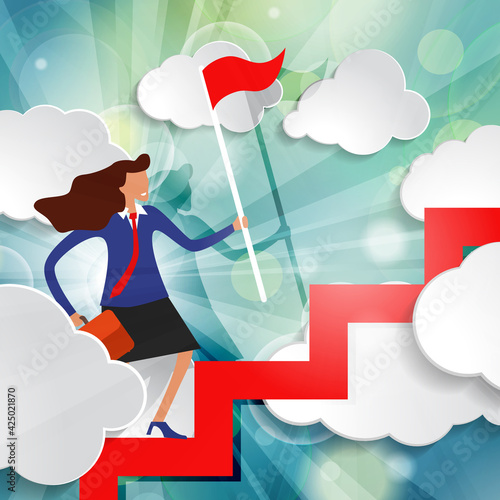 Effective manager is walking up the stairs with red flag and briefcase among white paper clouds on beautiful spring green sunny rays light background