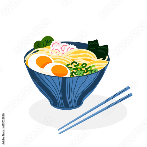 Ramen flat vector isolated illustration. Bowl of hot vegetarian soup with eggs, seaweed and surimi. Blue plate and chopsticks. Traditional Chinese and Japanese dish.