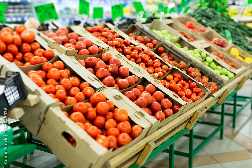 Fresh red tomatoes in supermarket