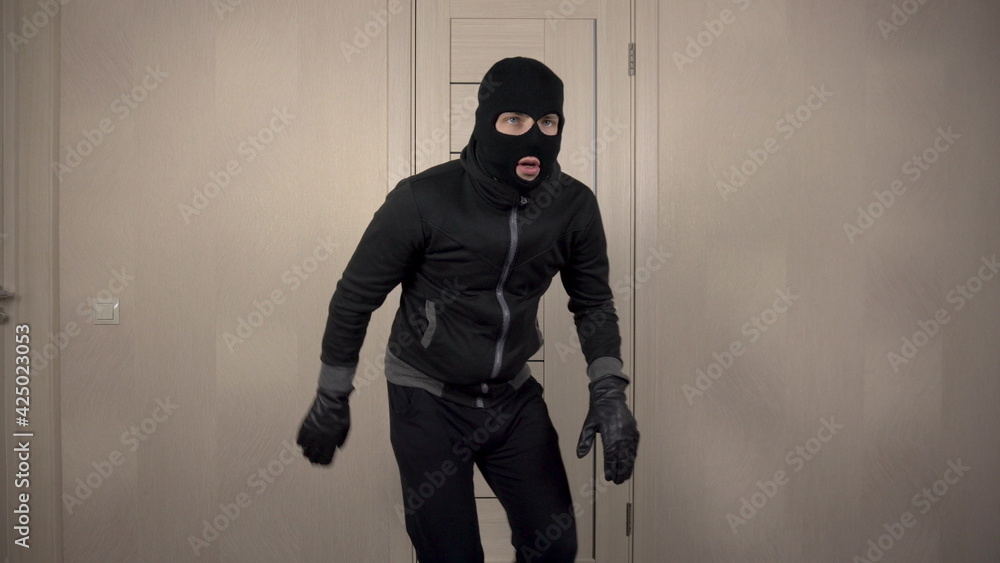 The robber climbed into the house. The masked bandit opened the door and went on toes.