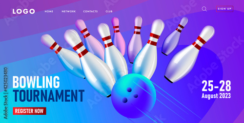 Web page banner with tournament event, bowling club competition, falling bowling pins hit by ball, digital advertising