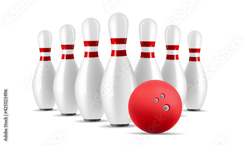 Bowling ball and pin set, white skittle with red stripes and red ball, classic game