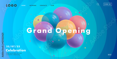 grand opening web banner with bunch of round transparent air balloons on blue background with circles, modern style landing page design photo