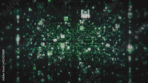 Wallpaper Mural a social network with a flow of unrecognizable people portraits moving along green network grid and data connections in black cyberspace background, 3d rendering 4K footage Torontodigital.ca