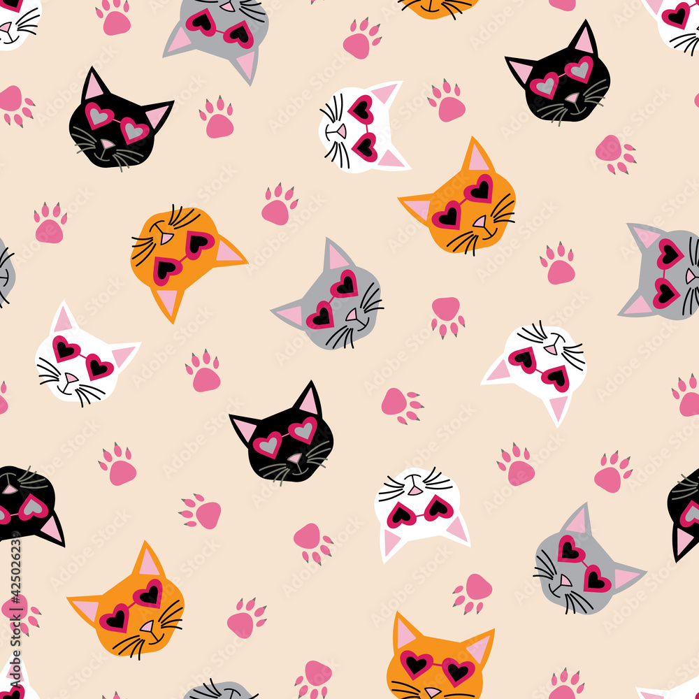 Colorful cool cats with heart sunglasses and paw prints vector illustration on tan repeat seamless background pattern design. Colorful cool cats with heart sunglasses and paw prints vector illustration on tan repeat seamless background pattern design.