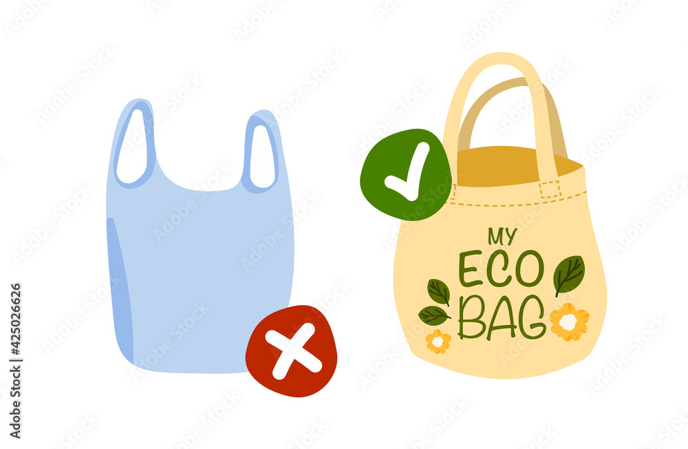 Vector illustration comparing plastic and textile bag. Ban single use plastic, stop sign. Choose