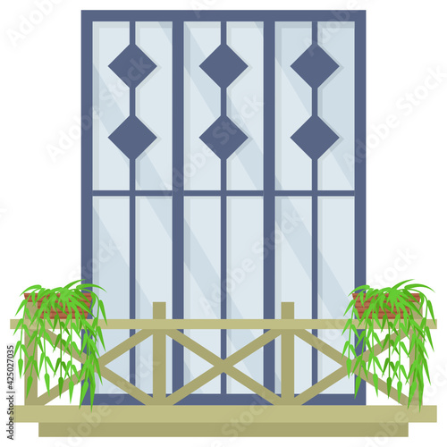 large scale glazing balcony with mini garden Concept Vector Icon Design, balcony and window front view symbol, House exterior design ideas with vintage and classic balconies facade stock illustration photo