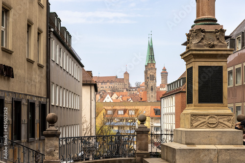 Historical and modern buildings side by side in Nuremberg old town.