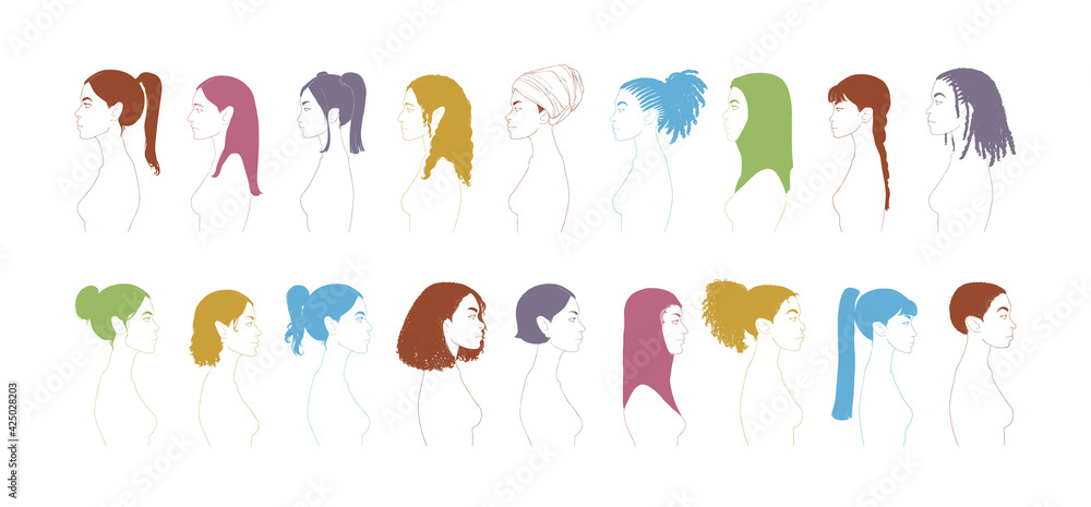 Group of diverse young people, female equality, different culture. Calm or smiling women, colorful sketch vector illustration, abstract concept.