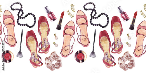 A set of watercolor seamless borders with various women's accessories, shoes and bags