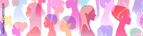 Group of diverse young people, female equality, different culture. Calm or smiling women, colorful sketch vector illustration, abstract concept.