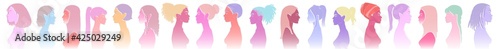 Group of diverse young people, female equality, different culture. Calm or smiling women, colorful sketch vector illustration, abstract concept.