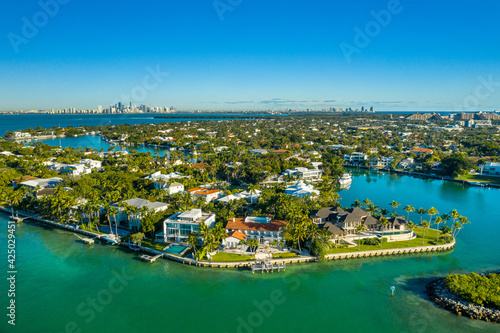 Vászonkép aerial drone view of Key Biscayne with downtown Miami skyline in the back