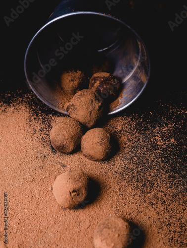 Gourmet easter egg, stuffed with Truffes au chocolat
Easter dessert. Easter brown concept