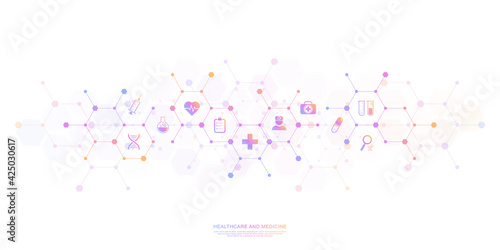 Medical background and healthcare technology with flat icons and symbols. Design template of concept and idea for health care business, innovation medicine, health safety, science. Vector illustration