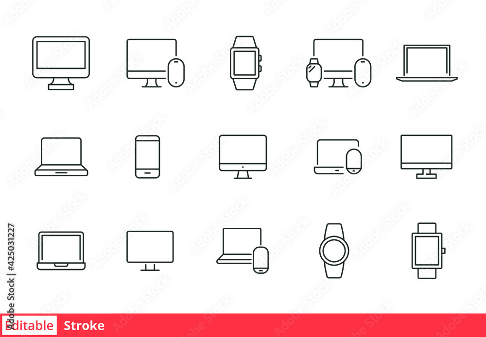 Modern device line icon set. Simple outline style for web sites and mobile app. Computer, laptop, pc, phone, mobile concept. Vector illustration isolated on a white background. Editable stroke EPS 10 Modern device line icon set. Simple outline style for web sites and mobile app. Computer, laptop, pc, phone, mobile concept. Vector illustration isolated on a white background. Editable stroke EPS 10