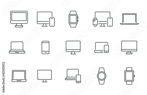 Modern device line icon set. Simple outline style for web sites and mobile app. Computer, laptop, pc, phone, mobile concept. Vector illustration isolated on a white background. EPS 10