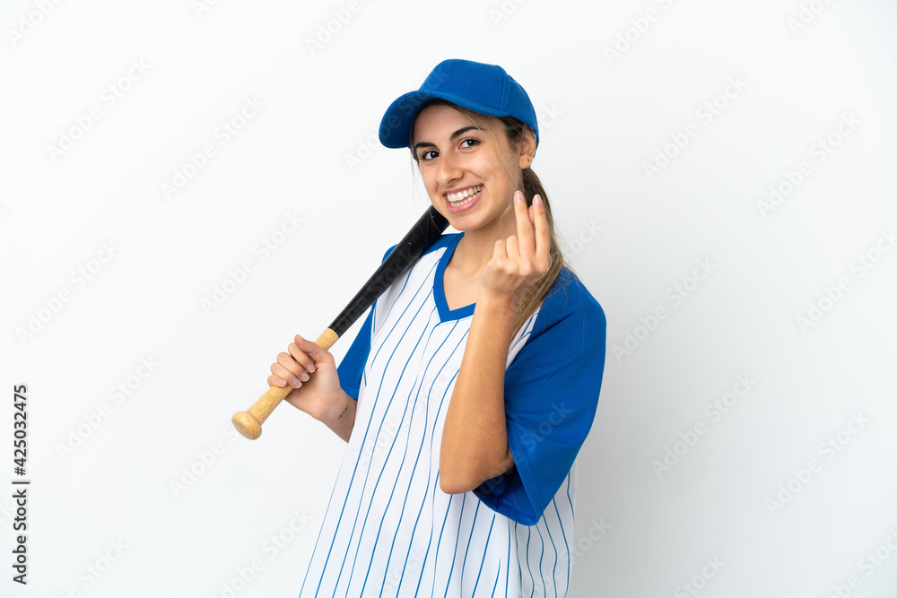 Young caucasian woman playing baseball isolated on white background making money gesture Young caucasian woman playing baseball isolated on white background making money gesture