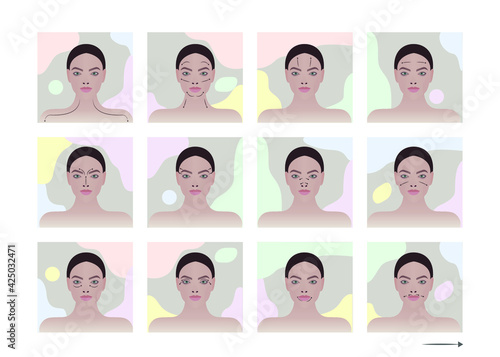 Face massage. Massage technique. Massage lines of the face and neck. Vector modern illustration. The first part of the schematic image.