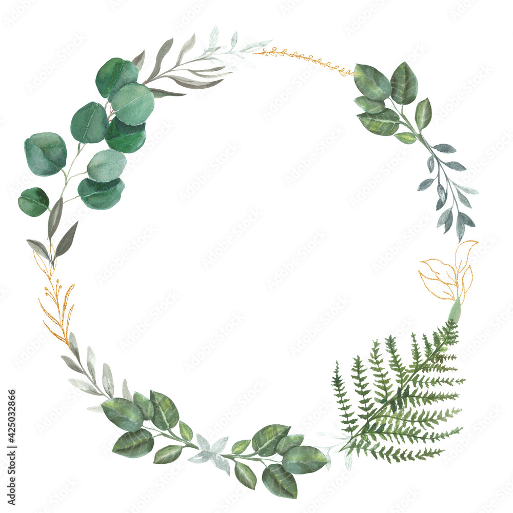 watercolor and gold wreath| foliage wreath | leaves wreath|wedding wreath|watercolor and gold frame