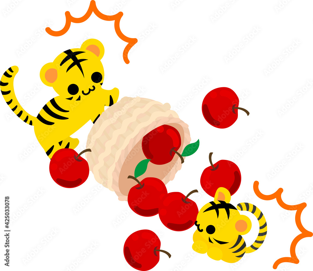 りんごいっぱいの籠をひっくり返した可愛い虎ちゃん達のイラスト Stock Vector Adobe Stock りんごいっぱいの籠をひっくり返した可愛い虎ちゃん達のイラスト Stock Vector Adobe Stock