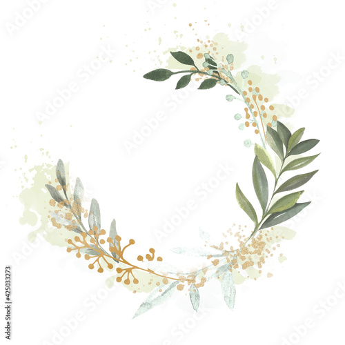 watercolor and gold wreath  foliage wreath   leaves wreath wedding wreath watercolor and gold frame © Raghda