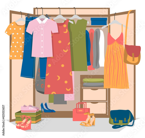 Female wardrobe or closet. Summer woman shoes, bags and clothes hanging on hangers, lying on shelves and standing on the floor. Colorful flat cartoon vector illustration