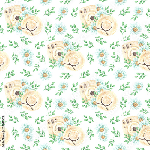 Watercolor illustration, seamless pattern "Camera, straw hat, camomile flowers". On white background. Provencal style. For printing on textiles, fabrics, wrapping paper, postcards, covers, stationery.