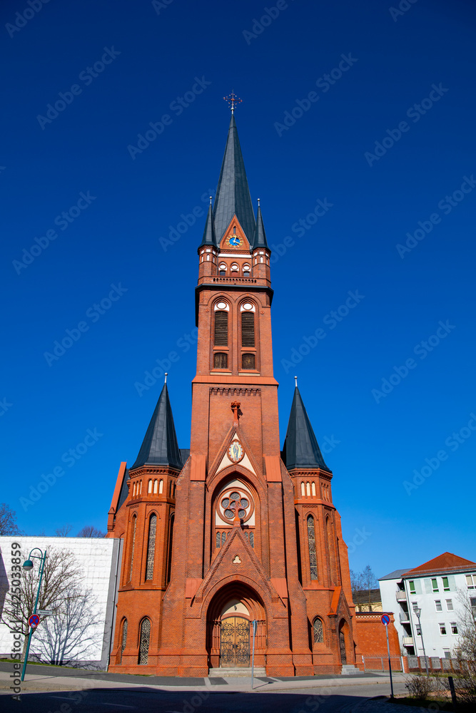 Frankfurt on the Oder, Germany - March 30, 2021- Holy Cross Church in Frankfurt on the Oder.