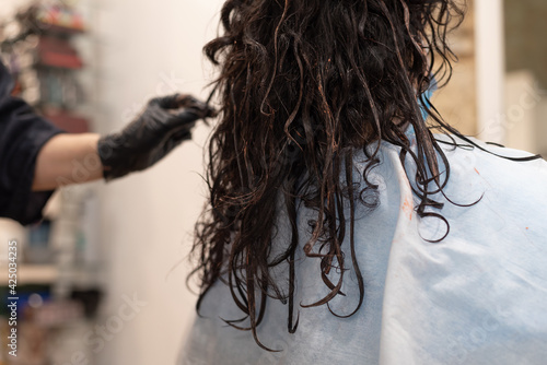 Brunette curly woman dyed locks in process at salon
