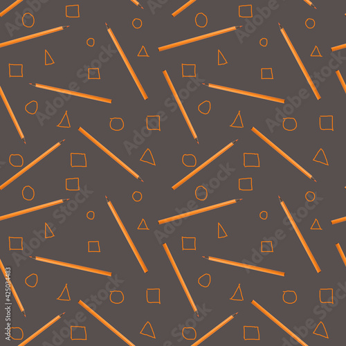 Seamless pattern with orange pencils and funny geometric figures circle, triangle and square on gray background.