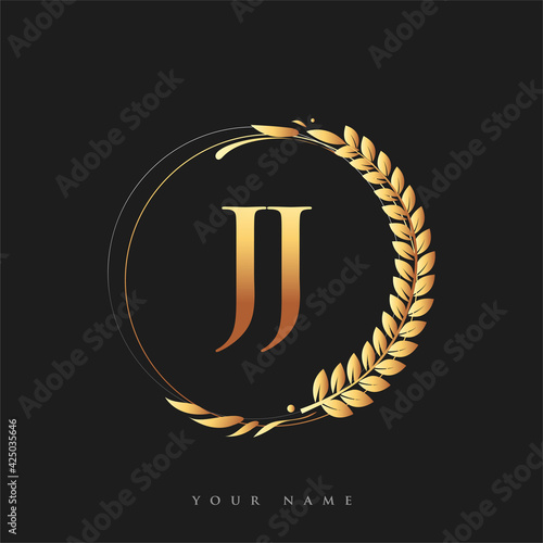 Initial logo letter JJ with golden color with laurel and wreath, vector logo for business and company identity.